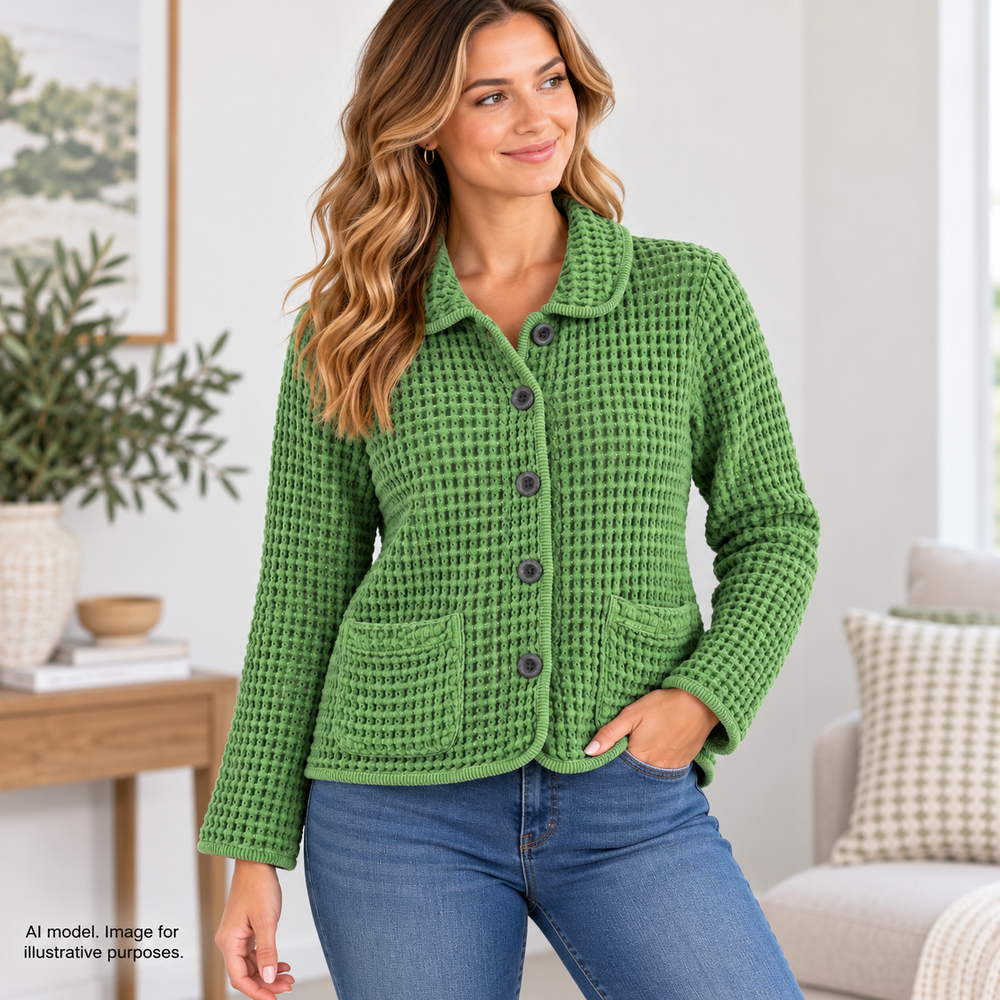 Mod-O-Doc Jacket Womens Small Green Waffle Knit Button Front Pockets Anthro